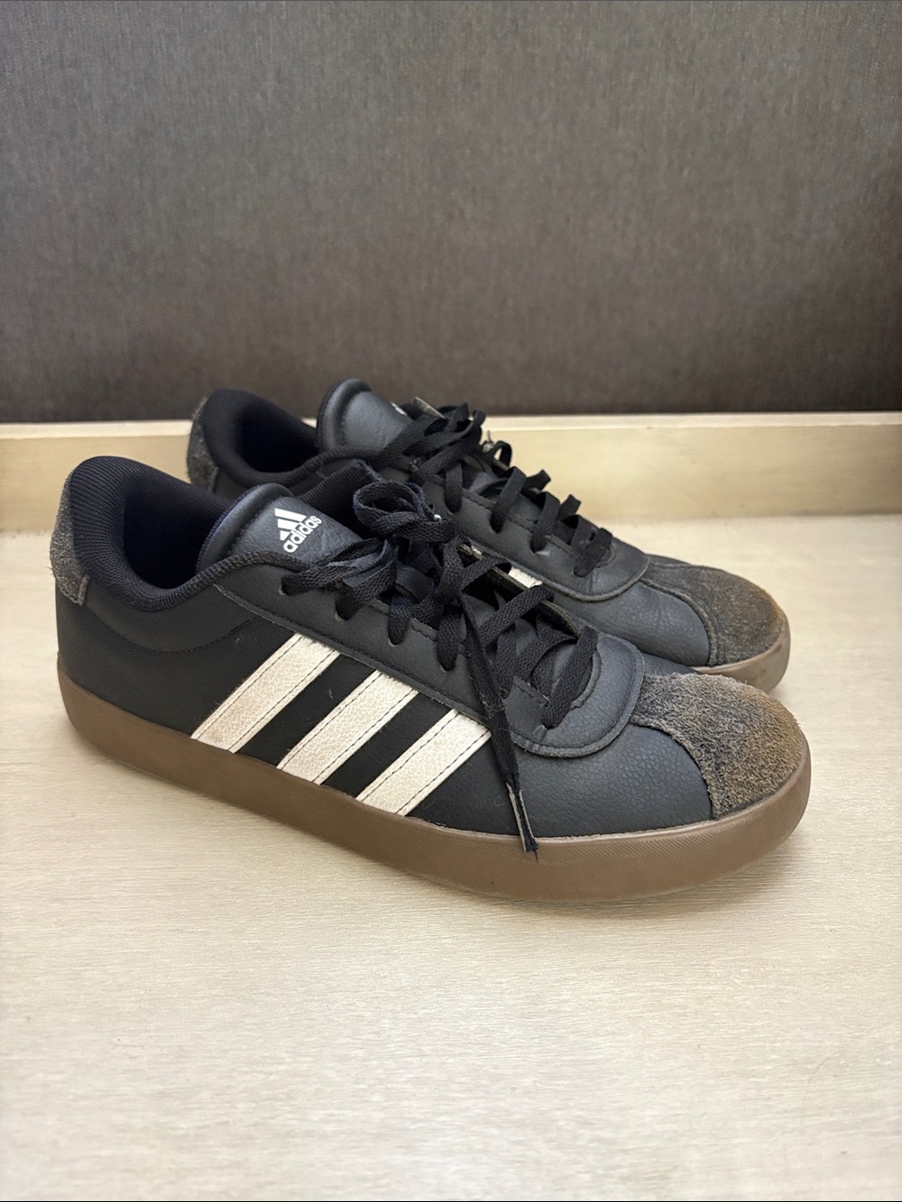 adidas Black Sneakers with White Stripes and Brown Gum Sole